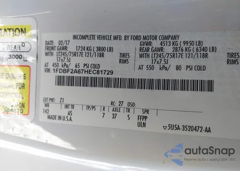 2017 Ford F-250 Xl из США, поврежденный, VIN 1FDBF2A67HEC81729